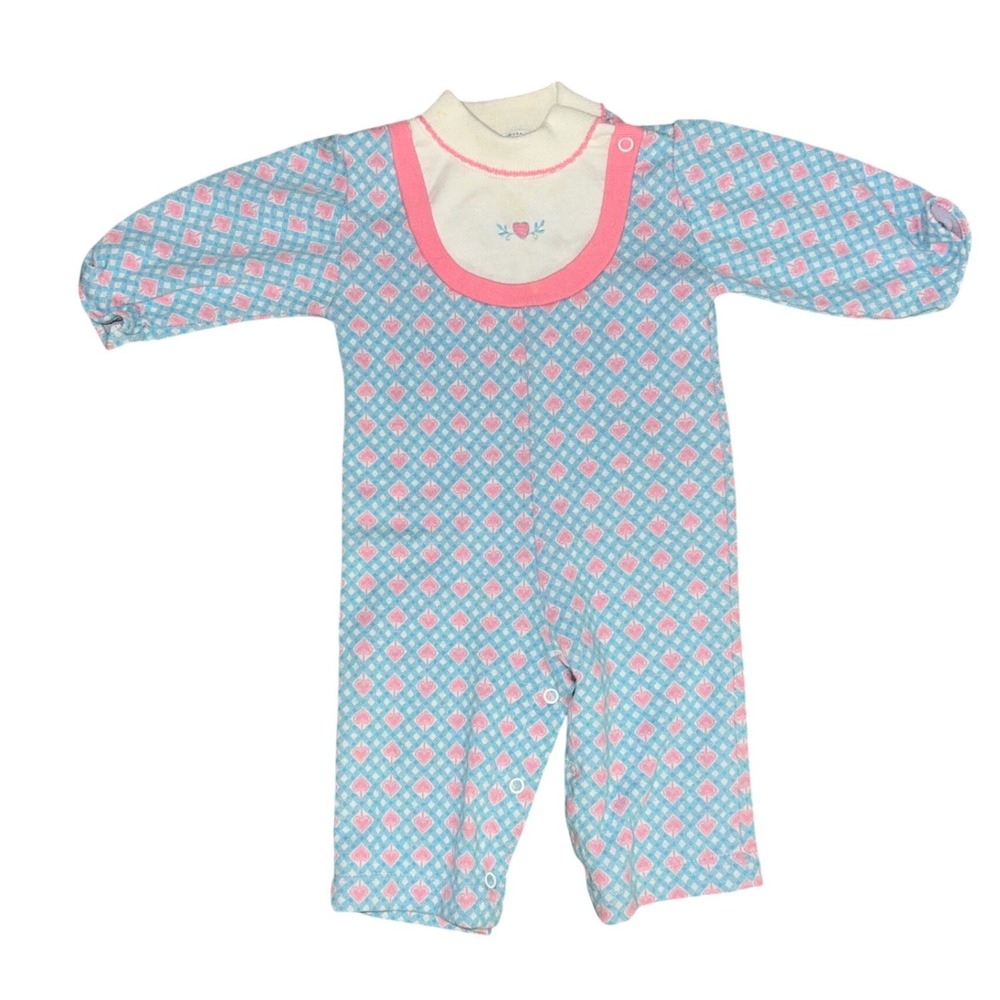 Vintage Health-tex Baby Girl Romper 12 Months Pink Blue Heart Gingham USA